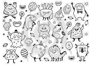 Cute monsters set. Kids coloring page