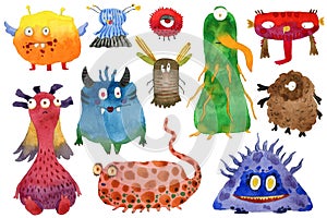 Cute monsters set. Watercolor cartoon characters.