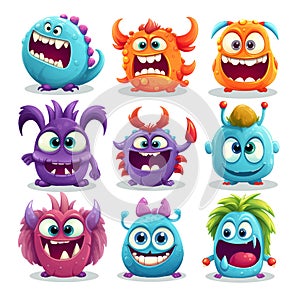 Huge vector cute funny monster clip art hand drawn collection. Colorful comic ugly character set. Monster colorful round