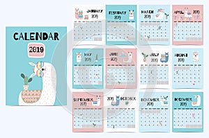 Cute monthly calendar 2019 with llama,luggage,cactus,geometrical,glasses,heart for children.Can be used for
