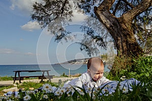 Cute 4 months old baby boy having a tummy time under the tree and sea in the background