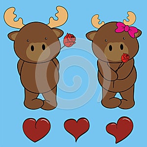 Cute moose cartoon holding a red rosse valentine set collection