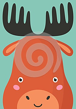 Cute moose snout flat vector illustration. Adorable wildlife forest elk muzzle cartoon colorful background. Close up