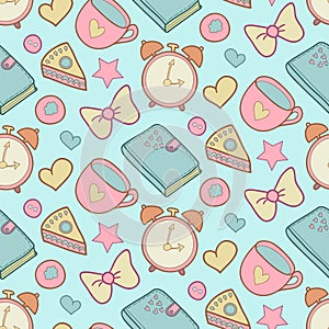 Cute morning vector seamless pattern with cake, heart, cup, notebook and alarm clock. Home elements background.