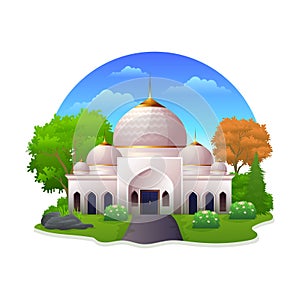 Cute Mosque building with beautiful green yard illustration