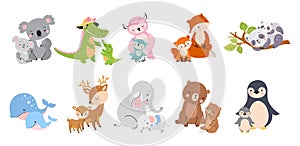 Cute mother and baby animals together. Mommy elephants, koala and bear. Funny cubs hug mothers, cartoon wild animal