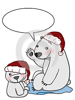 cute mother and baby polar bear christmas hat drawing illustration cartoon and speaking drawing illustration white background