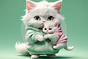 Cute mother cat hugs her little kitten