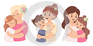 Cute mother with daughter and son. Happy family collection. Beautiful woman tenderly hugging their child. Vector