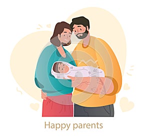 Cute mother and father are holding newborn baby on white background