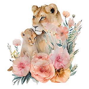 Cute mother lion and baby with pink flowers watercolor Illustration isolated on white. Generative AI