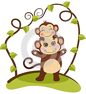 Cute mother monkey with little child on head on tree branch green leaves.