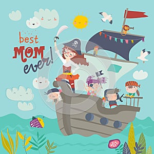 Cute mother pirate sailing with her kids in ship