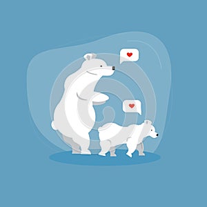 Cute mother polar bear character with cub calf baby and heart in message bubble on blue background. Concept for Mother