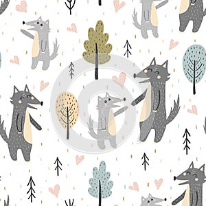 Cute mother wolf with her baby pup seamless pattern