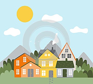 Cute mountain houses with windows, doors, chimneys. Summer landscape with hills and trees. Color vector flat stock illustration