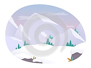 Cute mountain snowy nature, landscape in winter with snow, simple scenery of oval shape