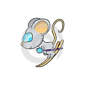 Cute mouse character skiing. Amiable rat vector illustration on white background. 2020 New Year sticker