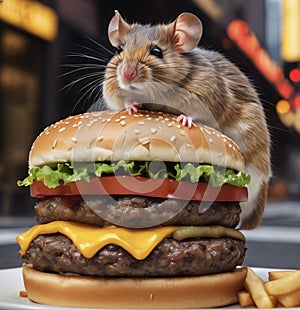 Cute Mouse on Cheeseburger