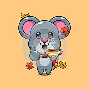 Cute mouse with coffee in autumn season.