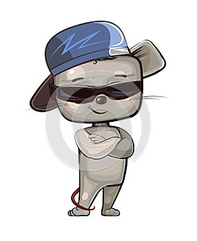 Cute Mouse in cool sunglasses and a baseball cap backwards. Good animal kid. Cartoon style. Illustration for children