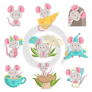 Cute mouse in different situations set, funny animal cartoon character vector Illustration on a white background