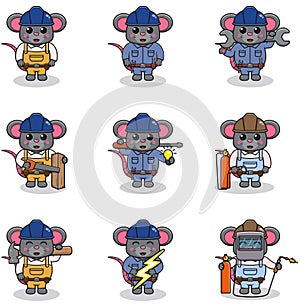 Cute Mouse engineers workers, builders characters isolated cartoon illustration.