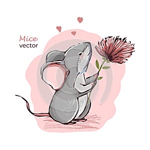 Cute mouse with flower. Hand draw vector illustration.