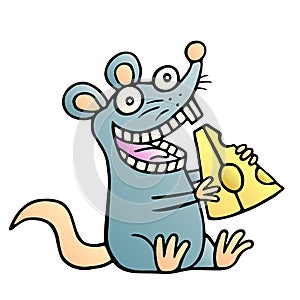 Cute mouse found a piece of cheese and happy. Vector illustration.