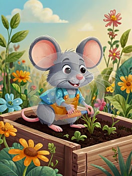 Cute Mouse Gardener Cut Plant with Pruner art Illustration