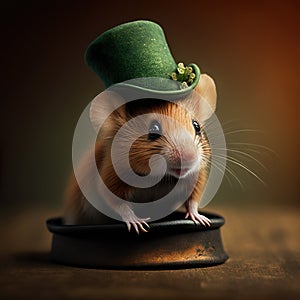 Cute mouse with green St. Patrick\'s day hat on blurred colored background.