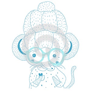 Cute mouse in a hat and blue glasses holding a blue heart in his paw