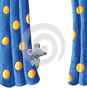 Cute mouse hiding behind the curtain