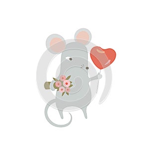 Cute mouse holding bouquet and heart shaped balloon. Funny rat with Valentine day`s gifts. 2020 Chinese animal zodiac symbol