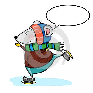 Cute mouse ice skating cartoon illustration pattern white background