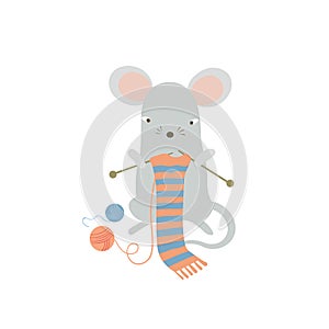 Cute mouse knitting a scarf. Funny cartoon rat enjoying home leisure activity. Humanized symbol of 2020 Chinese animal zodiac