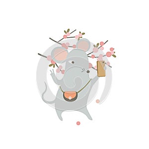 Cute mouse making selfie on a background of blooming Sakura. Cartoon Rat - symbol of 2020 new year. Chinese animal zodiac