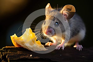 A cute mouse nibbles on a piece of cheese