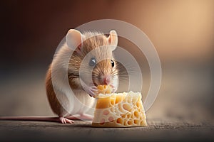 cute mouse nibbling on cheese, with its long whiskers and tiny paws in full view