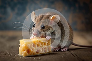 cute mouse nibbling on cheese, with its long whiskers and tiny paws in full view