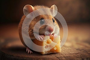 cute mouse nibbling on wedge of cheese, with its tiny paws and whiskers in view