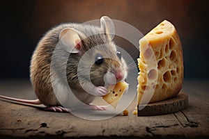 cute mouse nibbling on wedge of cheese, with its tiny paws and whiskers in view