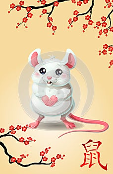 Cute mouse and oriental cherry branch on beige