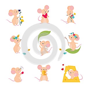 Cute Mouse with Pointed Snout and Rounded Ears Holding Heart and Nibbling Cheese Slab Vector Set