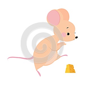 Cute Mouse with Pointed Snout and Rounded Ears Tiptoeing Towards Cheese Slab Vector Illustration