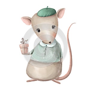 cute mouse with present box, watercolor style clipart, holiday illustration with cartoon character