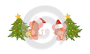 Cute Mouse with Protruding Ears in Red Hat Decorating Fir Tree with Bauble Vector Set