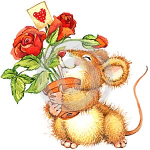 cute mouse with rose. watercolor illustration