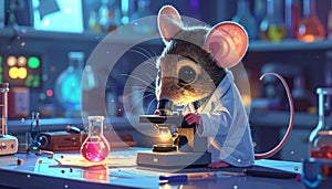 Cute Mouse Scientist Working in Laboratory with Microscope