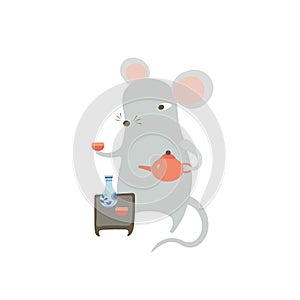 Cute mouse serving table for Chinese tea ceremony. Cartoon rat drinking tea. Symbol of 2020 new year.